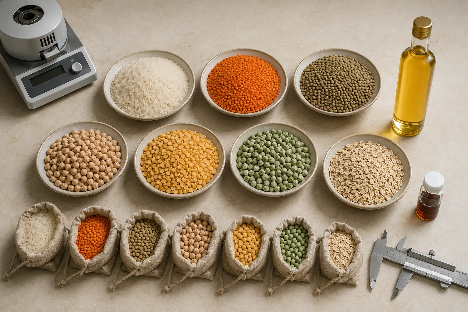 Samples of rice, lentils, chickpeas, peas, oats and edible oils prepared for quality inspection